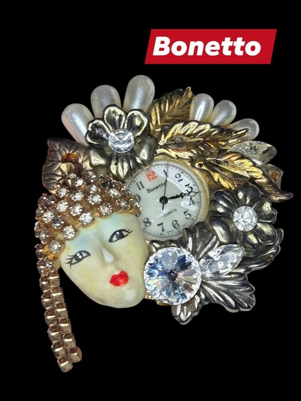 Vintage Bonetto Theatrical Lady Face Brooch Watch